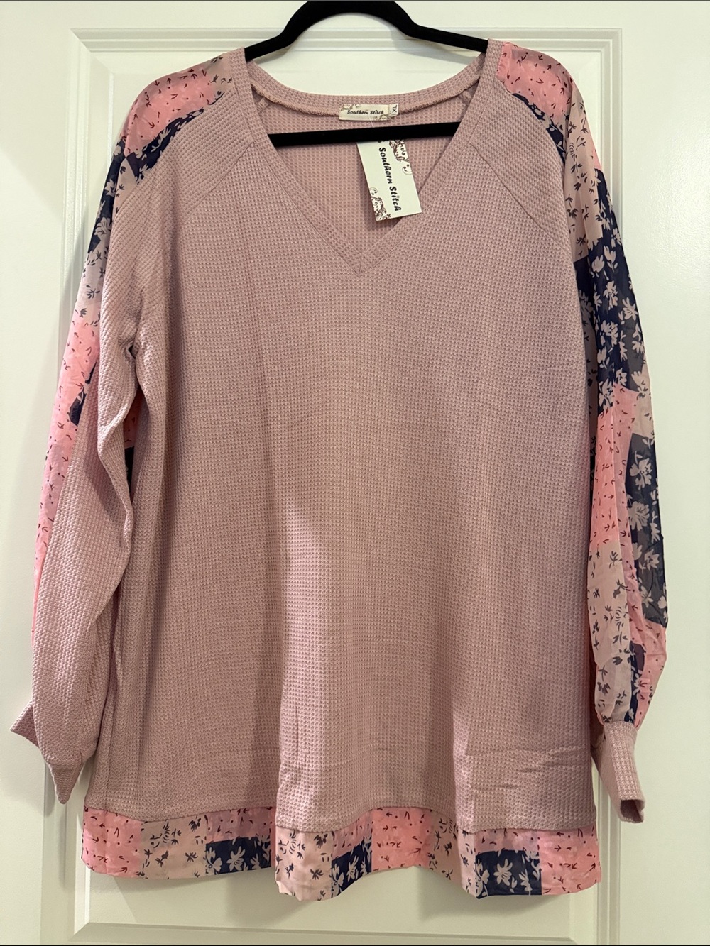 Southern Stitch Light Pink Waffle Knit V-Neck Top with Floral Sheer Sleeves